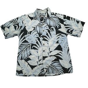 Rix Hawaiian Shirt Mens Large Black Blue Leaf Print Made In Hawaii Cotton
